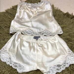 Cream Satin Pajama Set with Lace Trim